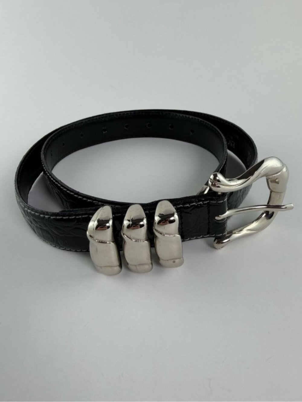 Escada Croc Embossed Patent Leather Belt Size 38 Small Black Silver Vintage 80s - Picture 6 of 7